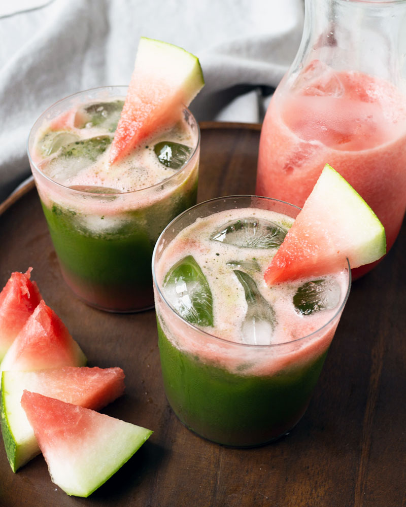 Iced Watermelon Matcha in clear glass.