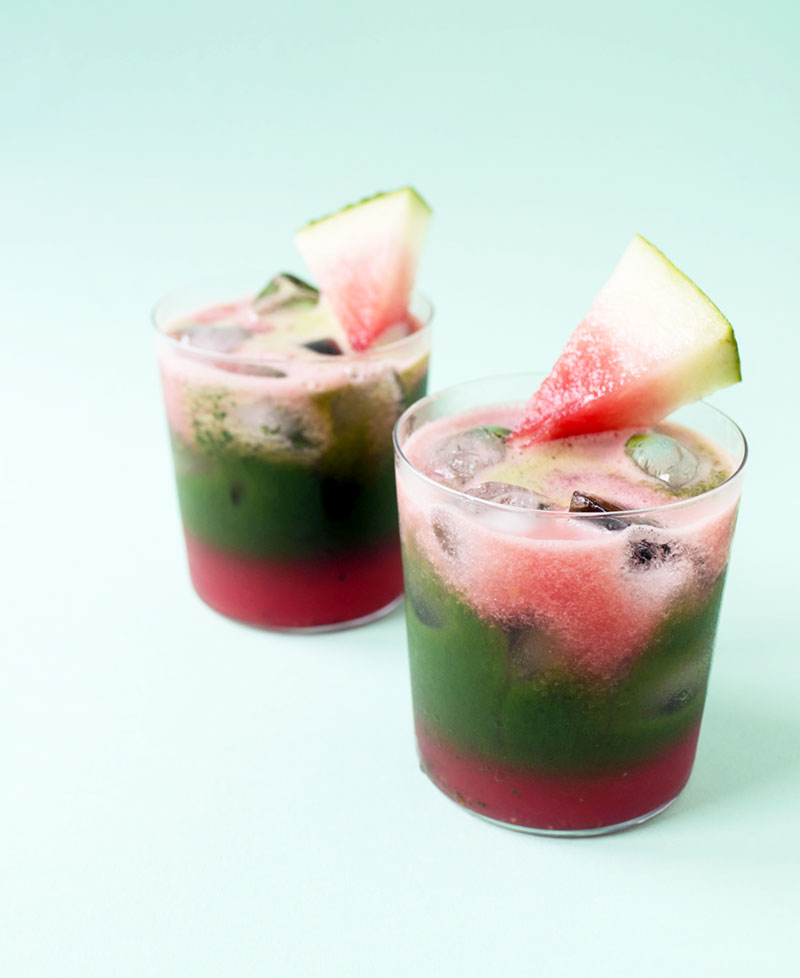 Iced Watermelon Matcha in clear glass.