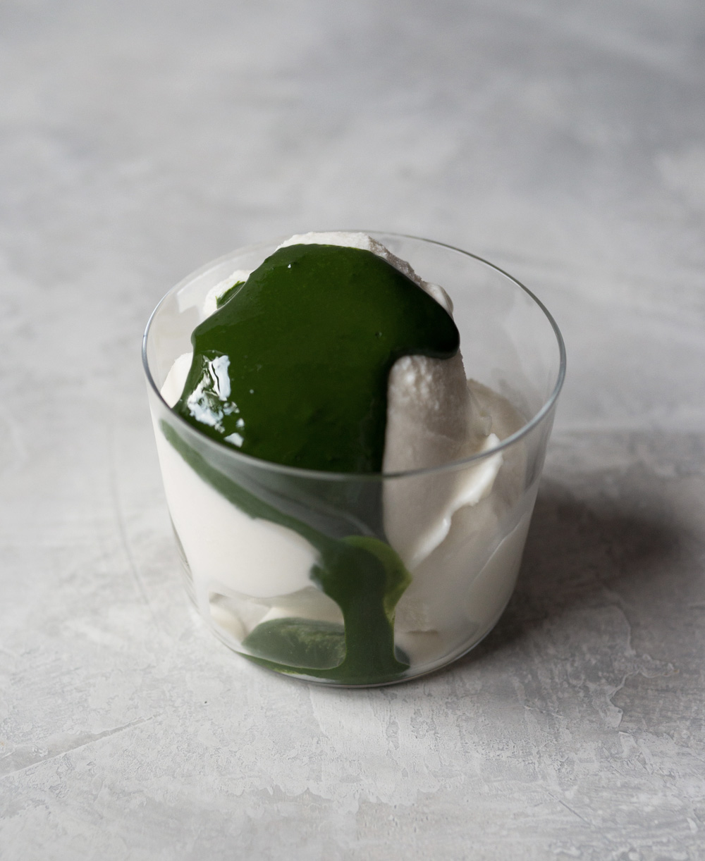 Thick Matcha Affogato in small clear glass.