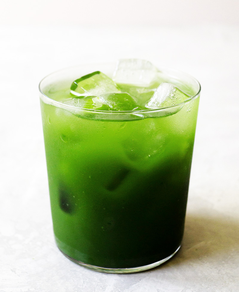 Iced Matcha in clear glass.
