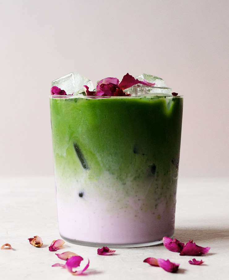 Iced Matcha Rose Latte in clear glass.