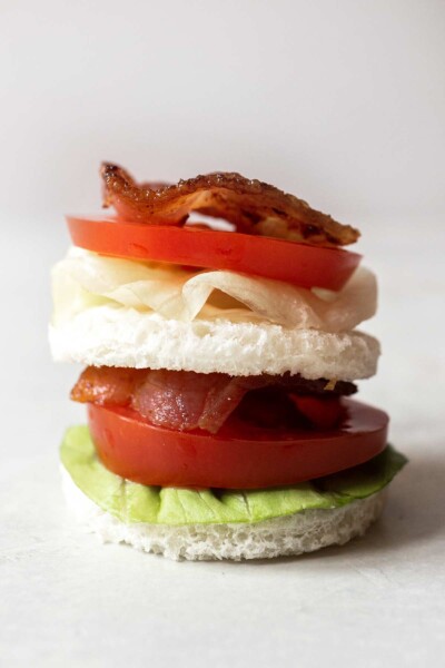 Mini BLTs stacked together. 