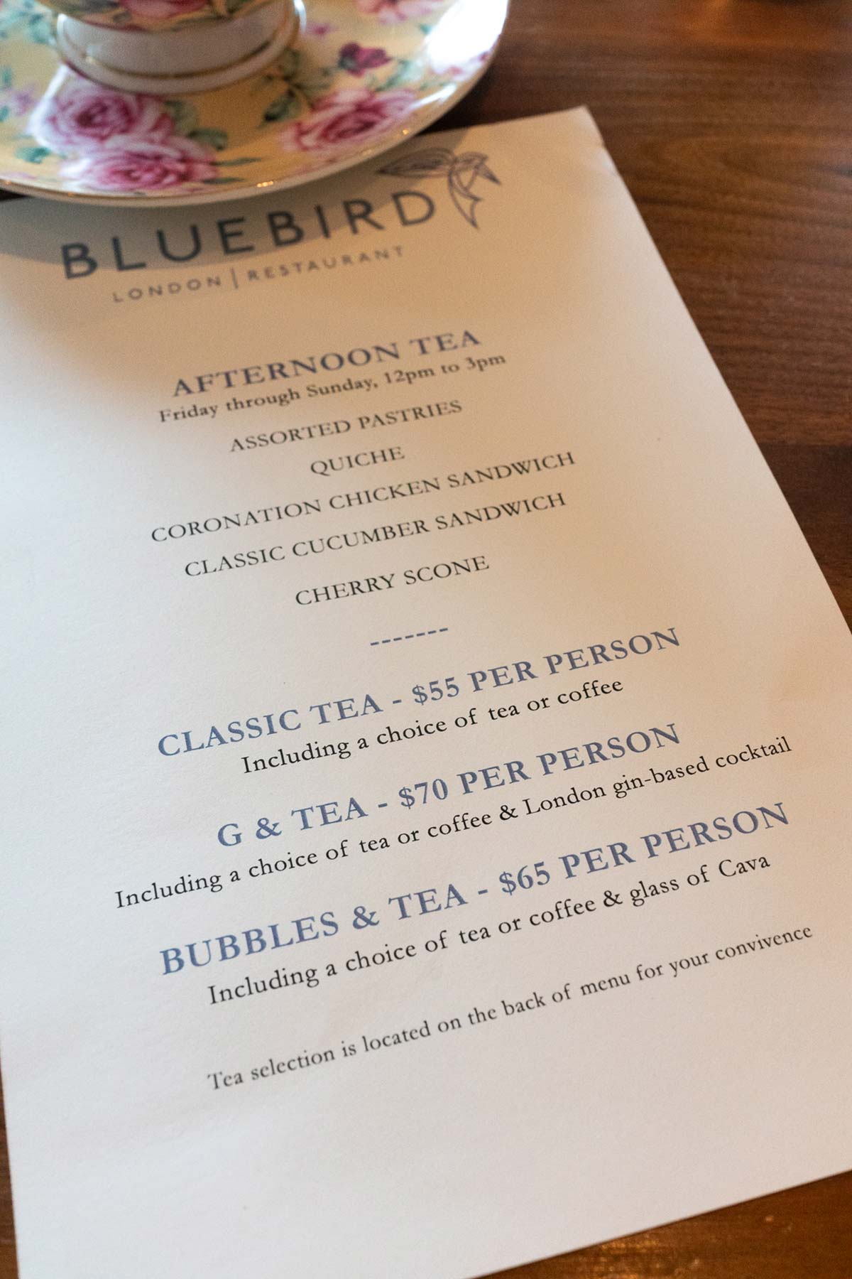 Bluebird London NYC afternoon tea menu.
