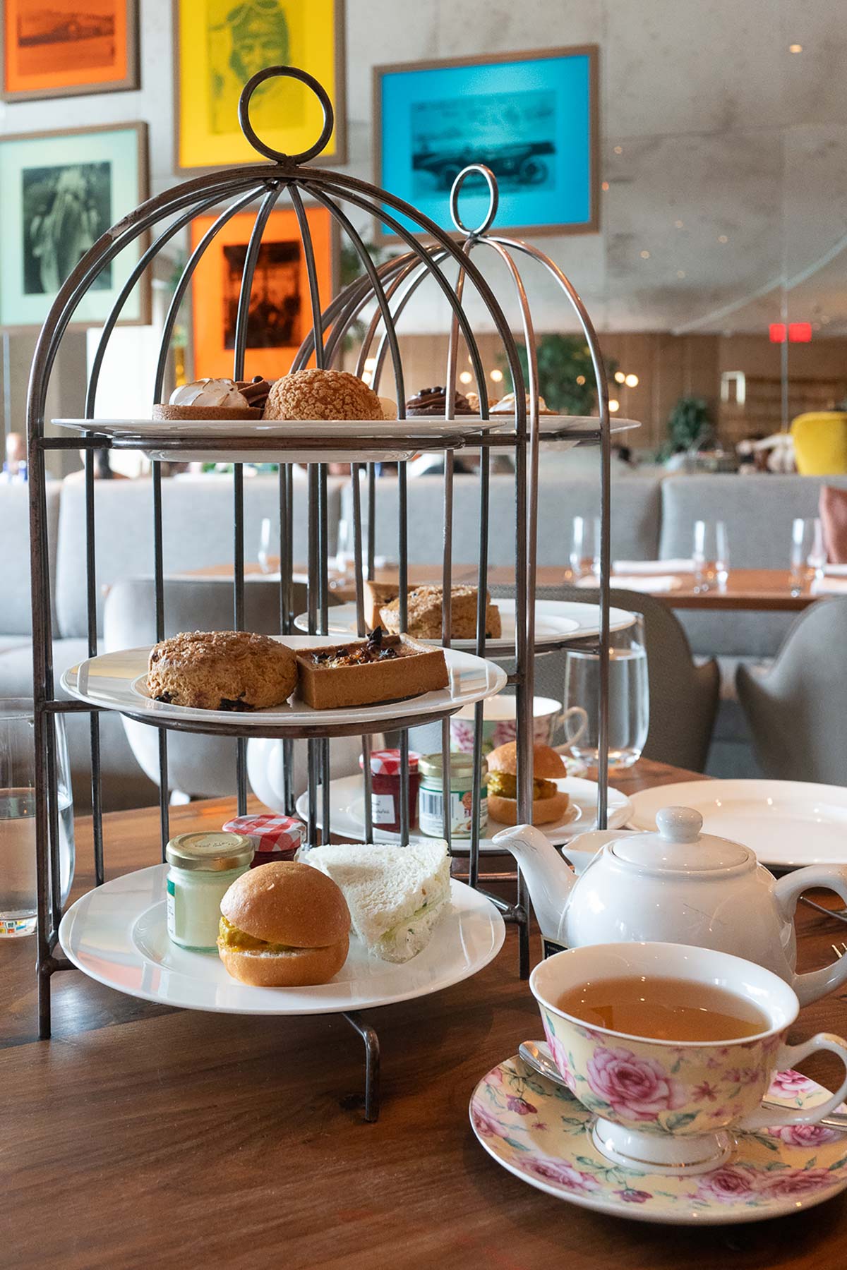 Afternoon tea service with 3-tiered stand at Bluebird London NYC.