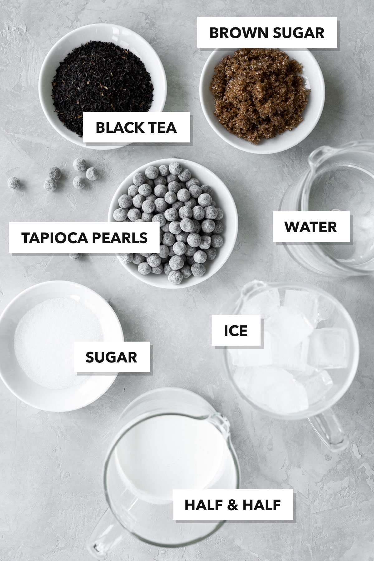 Ingredients to make bubble tea at home.