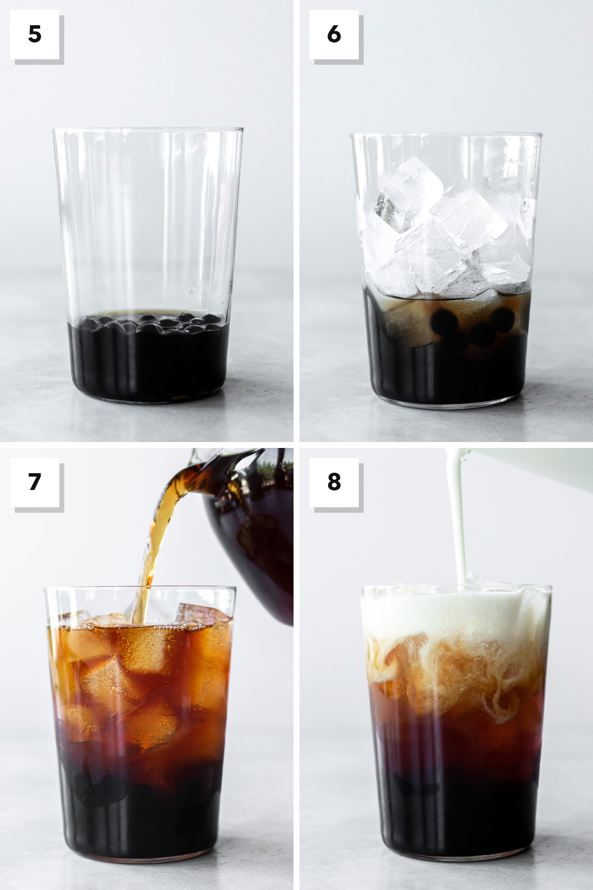 Assembling a bubble tea drink in a glass, shown in 4 photos.