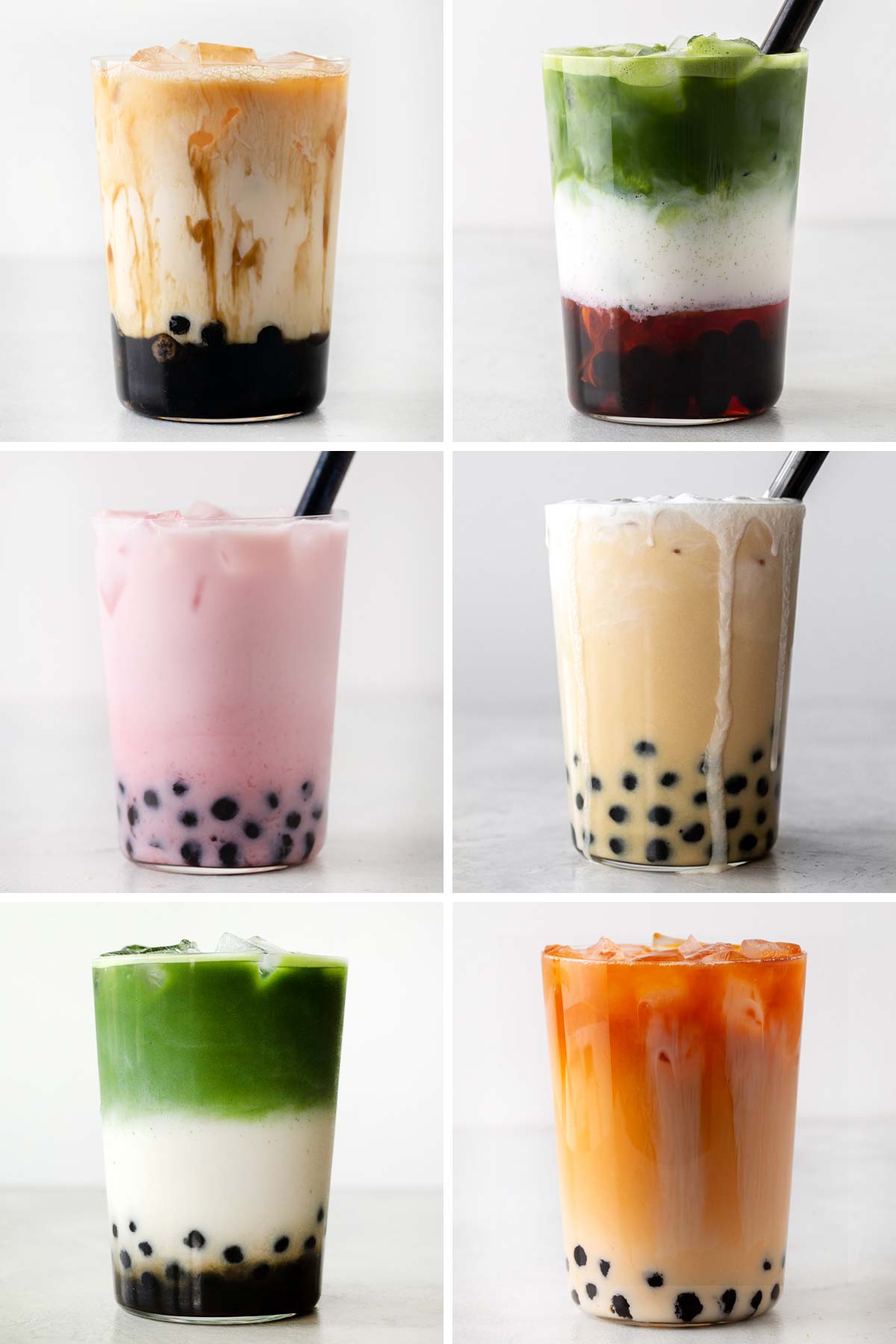 6 photos of 6 different bubble tea drinks.