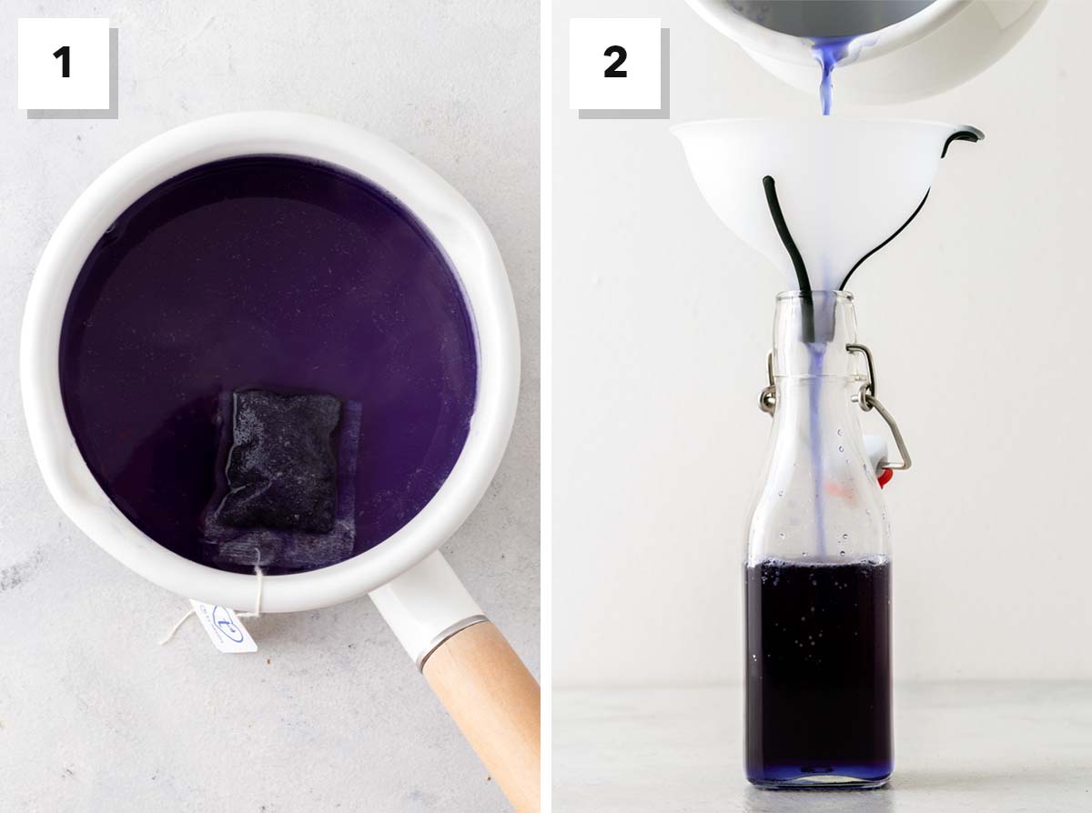 Butterfly Pea Flower Syrup first two steps for how to make it.

