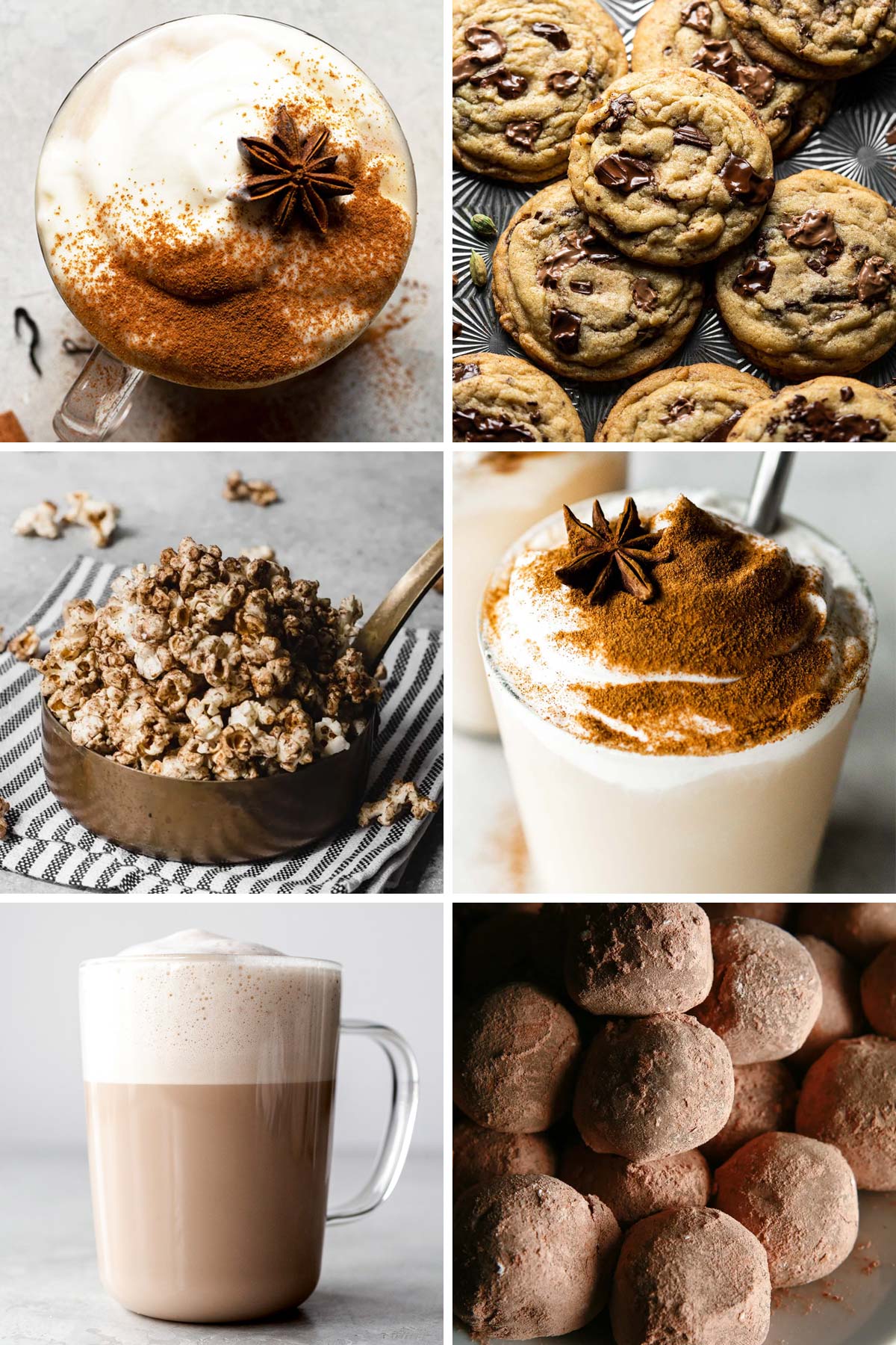 6 photos of drinks and food made with chai tea as an ingredient.