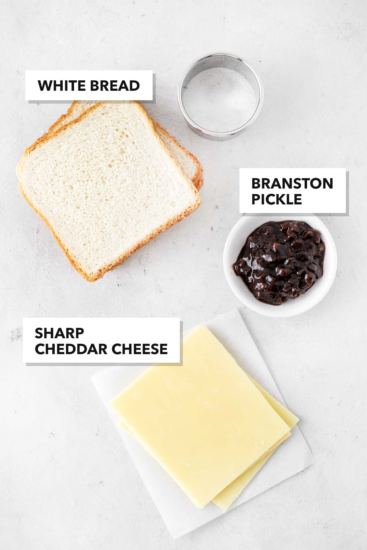 Ingredients for Cheese and Pickle Tea Sandwiches.