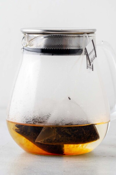 Earl grey tea steeping in a teapot. 