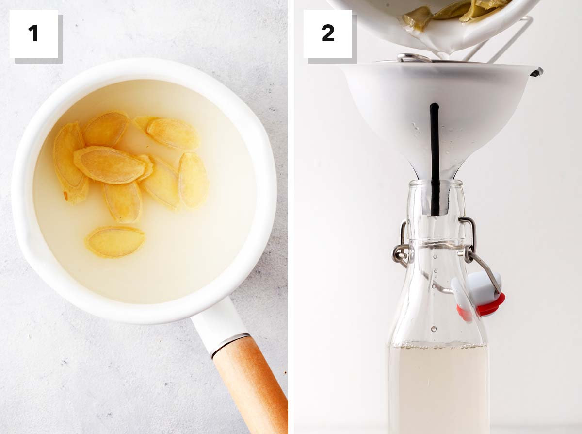 Simple Homemade Ginger Syrup first two steps for how to make it.
