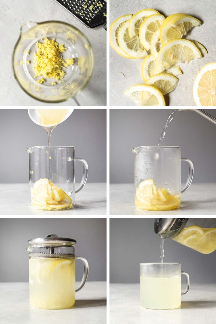 Six photos showing step-by-step process to make ginger tea.