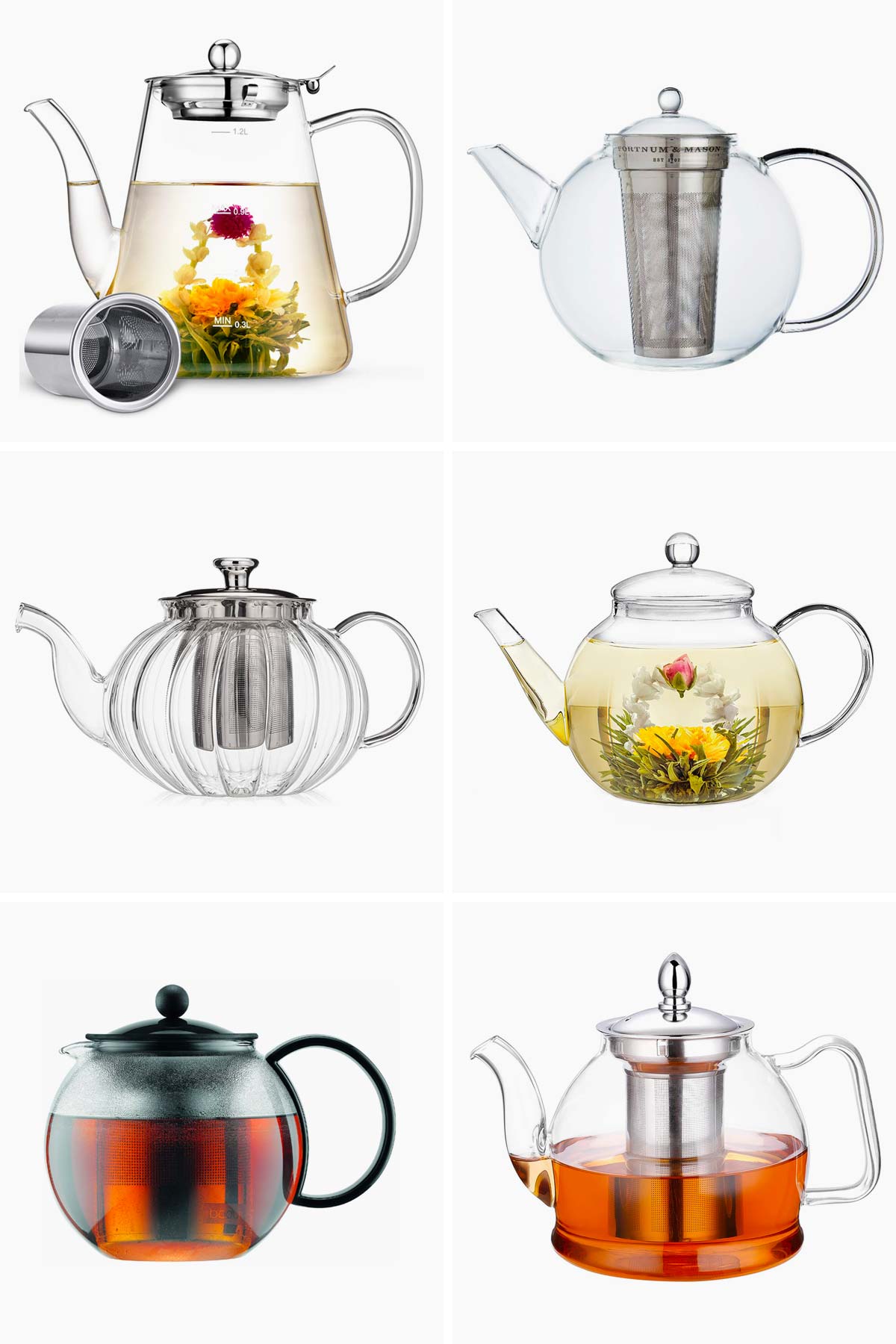 Selection of 6 different glass teapots.