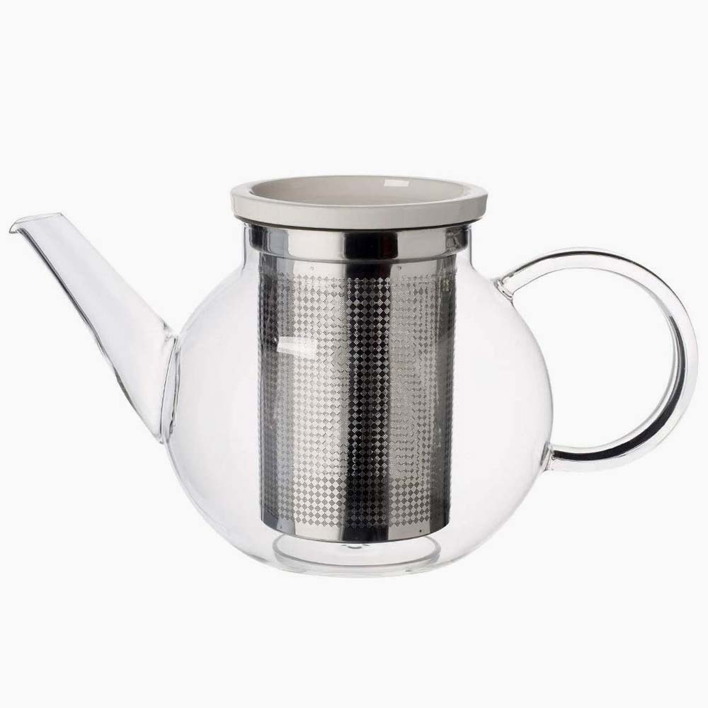 Glass teapot with stainless steel infuser inside.