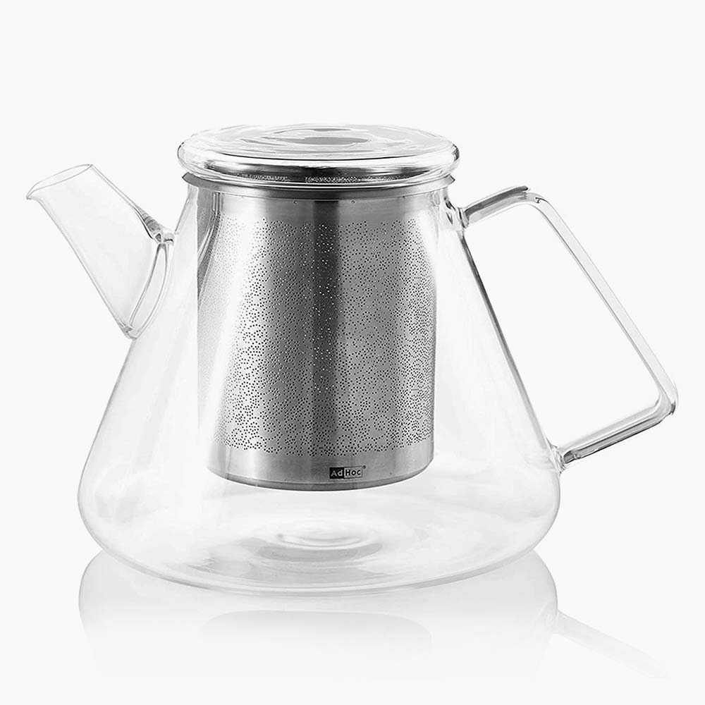 Glass teapot with a stainless steel infuser inside.