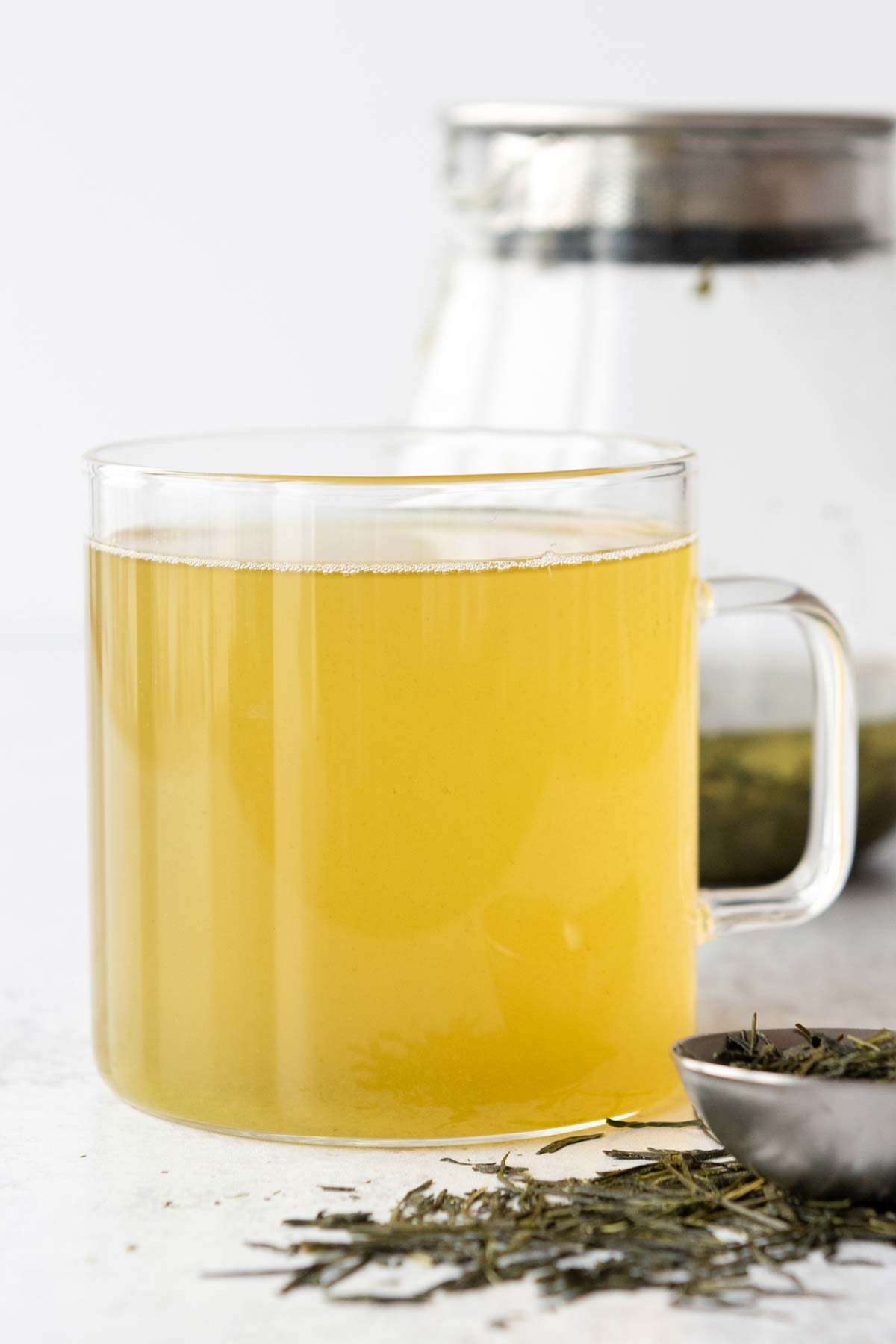Green tea in a glass mug.