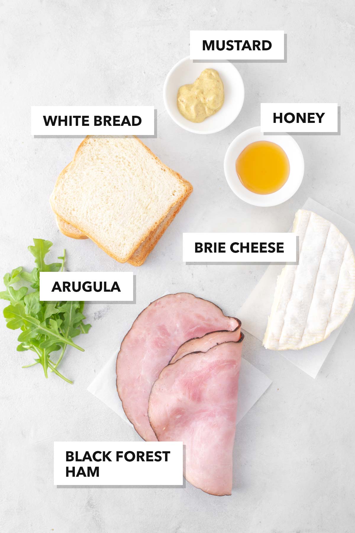 Ingredients for Ham & Brie Tea Sandwiches.