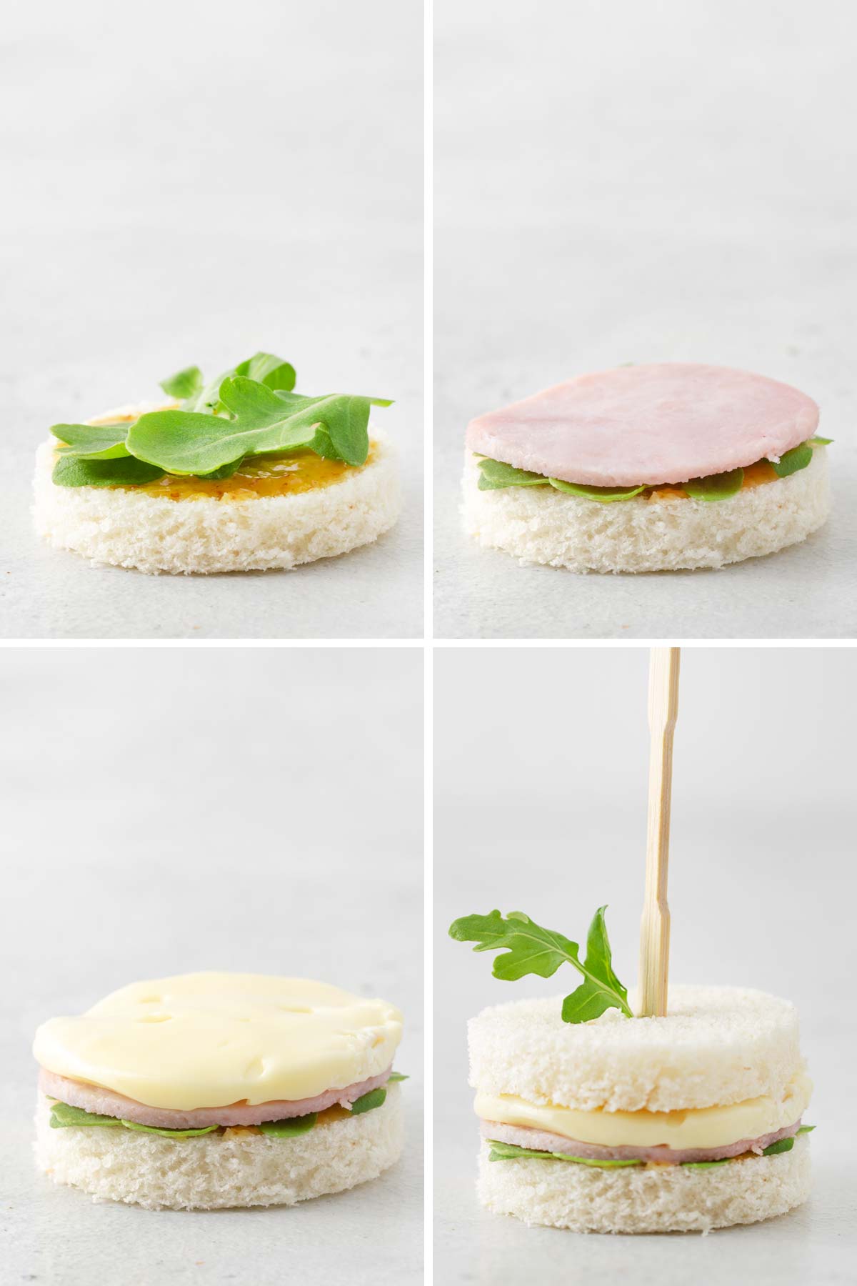 Steps to make ham and brie cheese tea sandwiches.