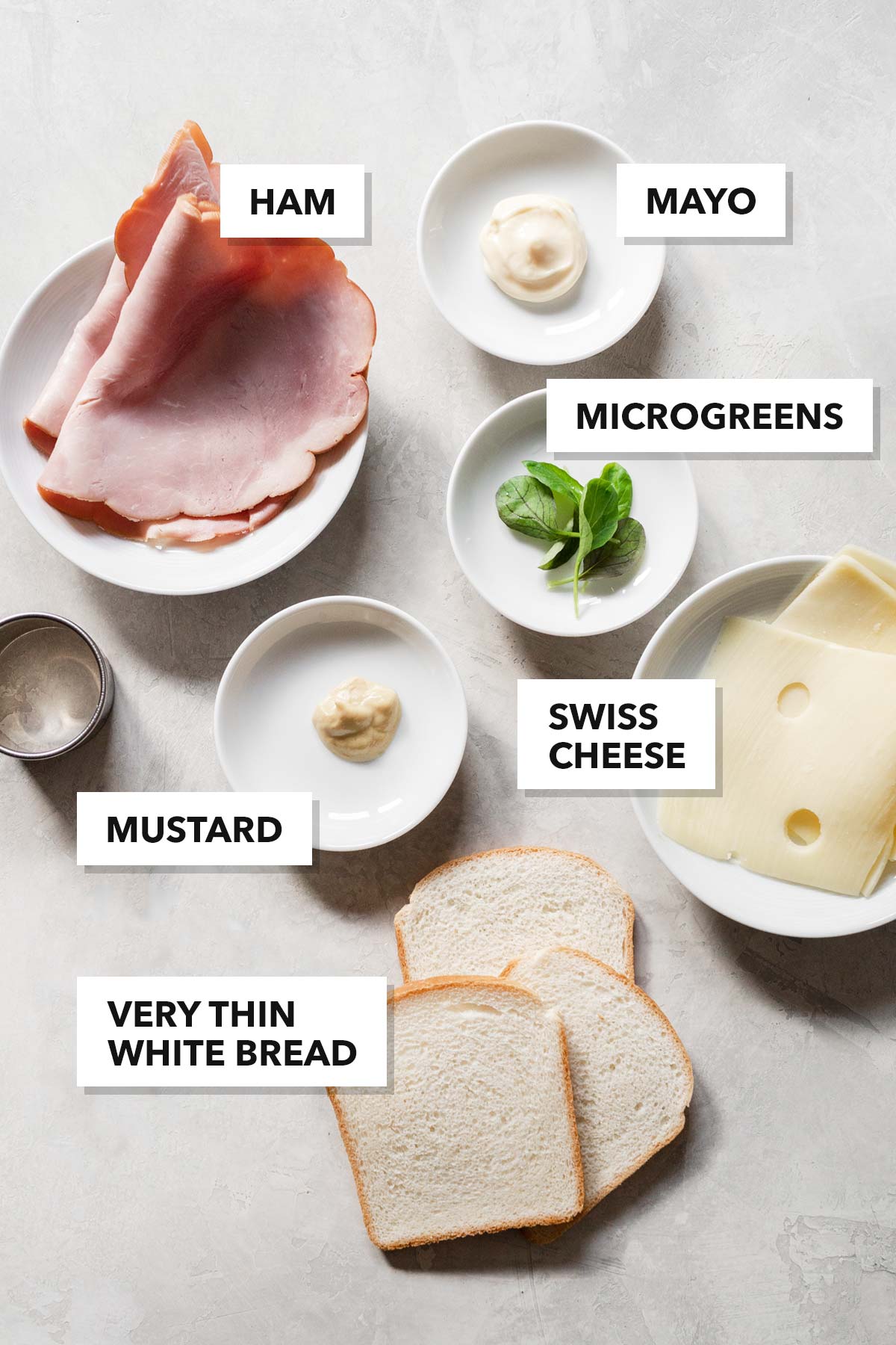 Ham and cheese tea sandwich ingredients.