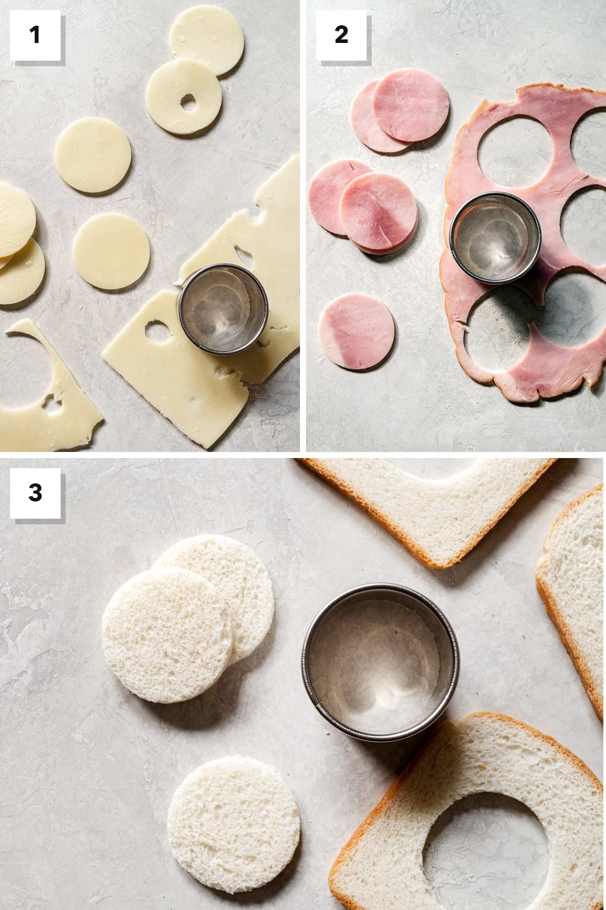 Three photo collage showing steps to make a ham & cheese tea sandwich.