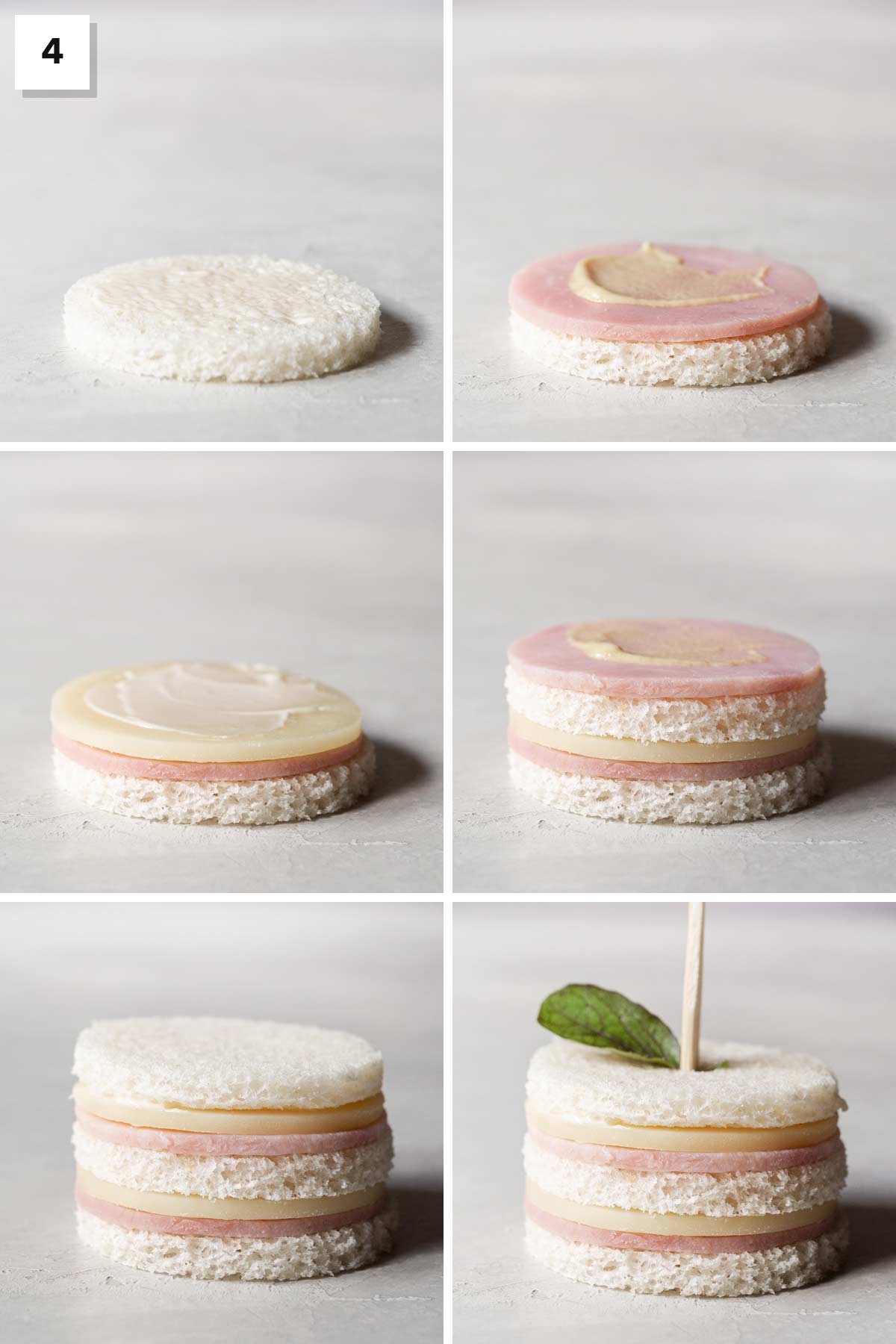 Six photos showing steps to assemble a ham & cheese tea sandwich.