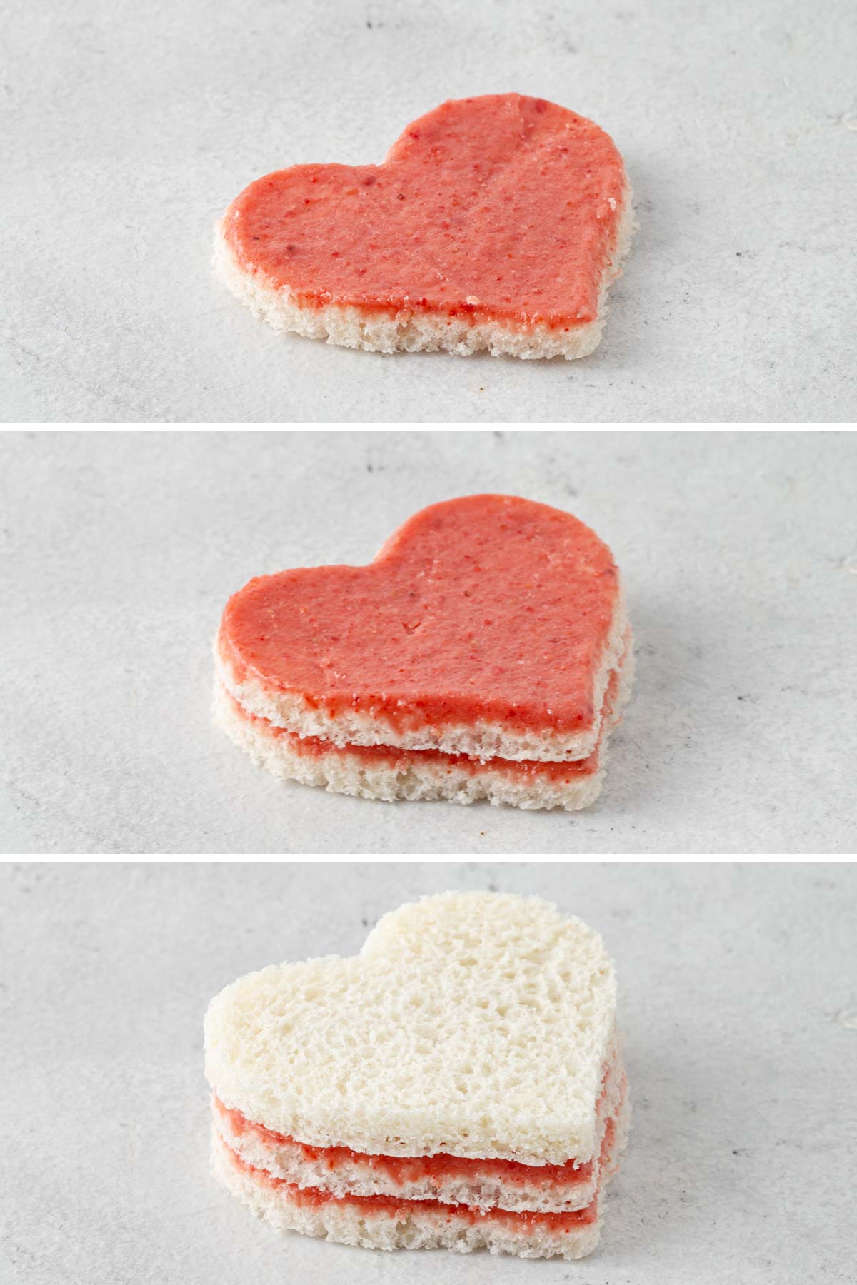 3 photos showing progression of making a heart tea sandwich.