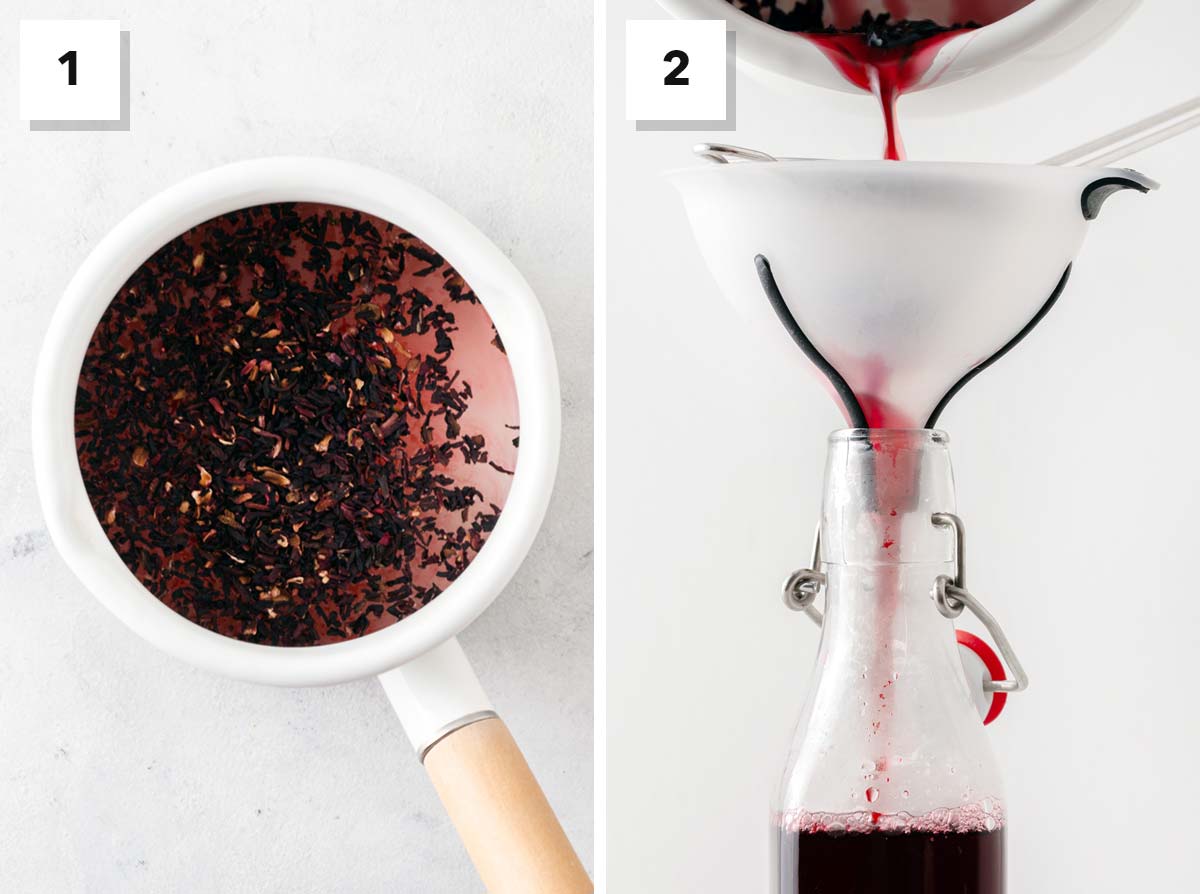 The step-by-step instructions for preparing Simple Homemade Hibiscus Syrup.