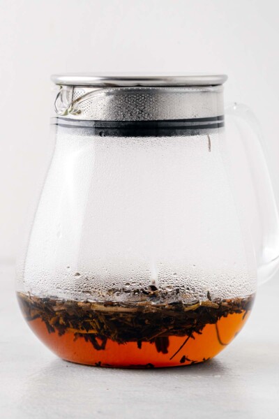 Tea leaves steeping in a teapot. 