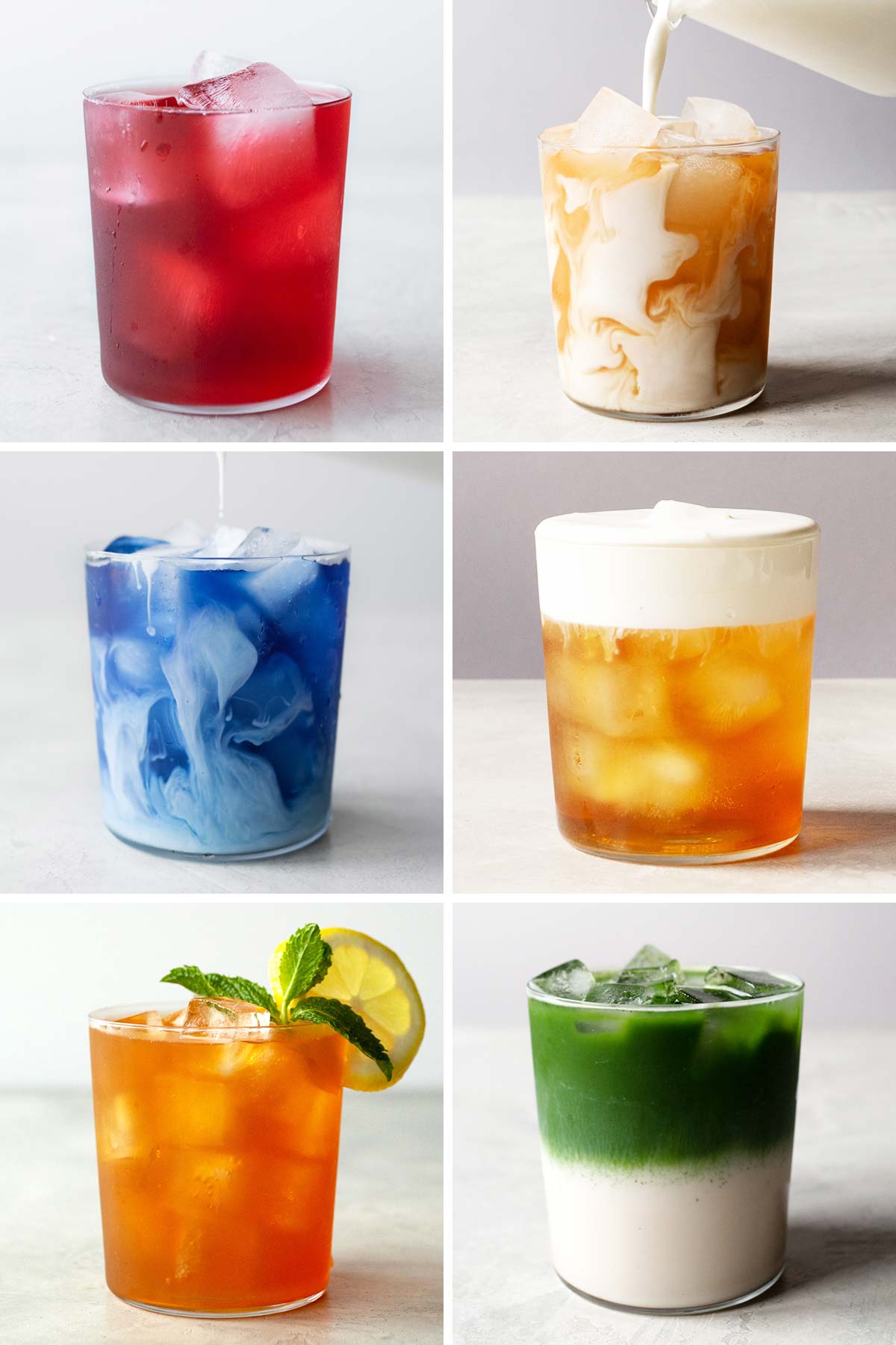 Six photo collage of different iced teas.