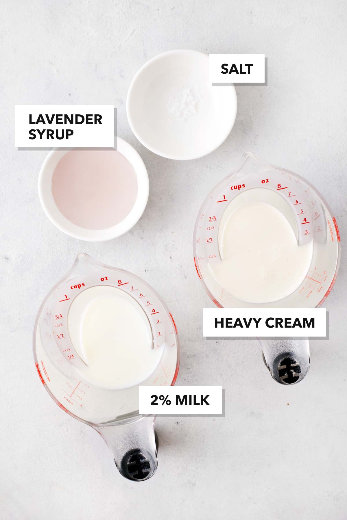 Ingredients for Lavender Cold Foam in measuring cups.