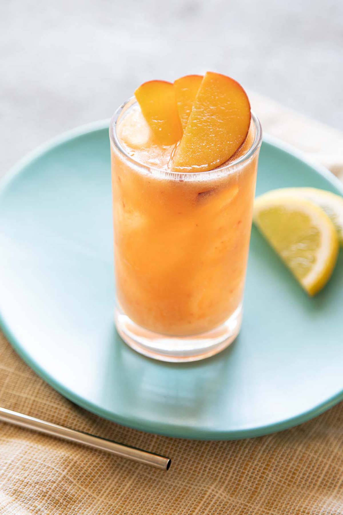 Peach lemonade in a glass.