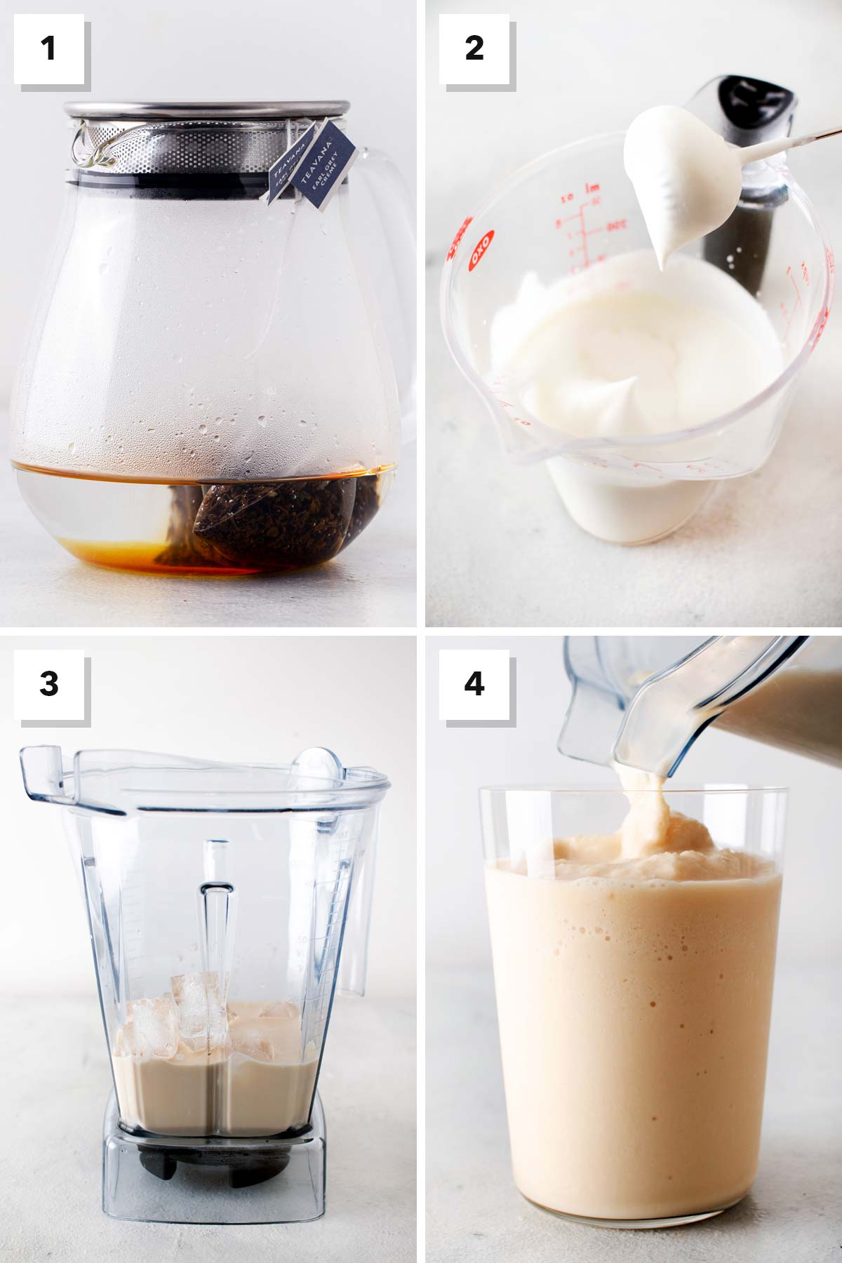 4 photos showing steps to make a London Fog Frappuccino in a blender.