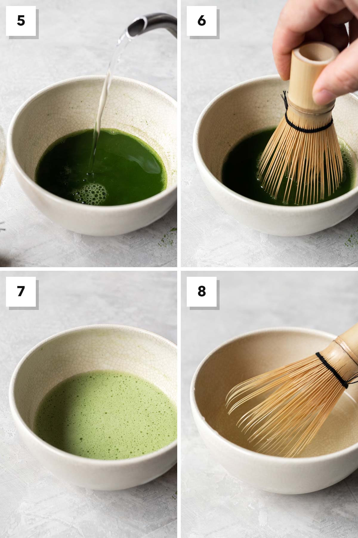 Four image collage showing steps 5-8 of making matcha.