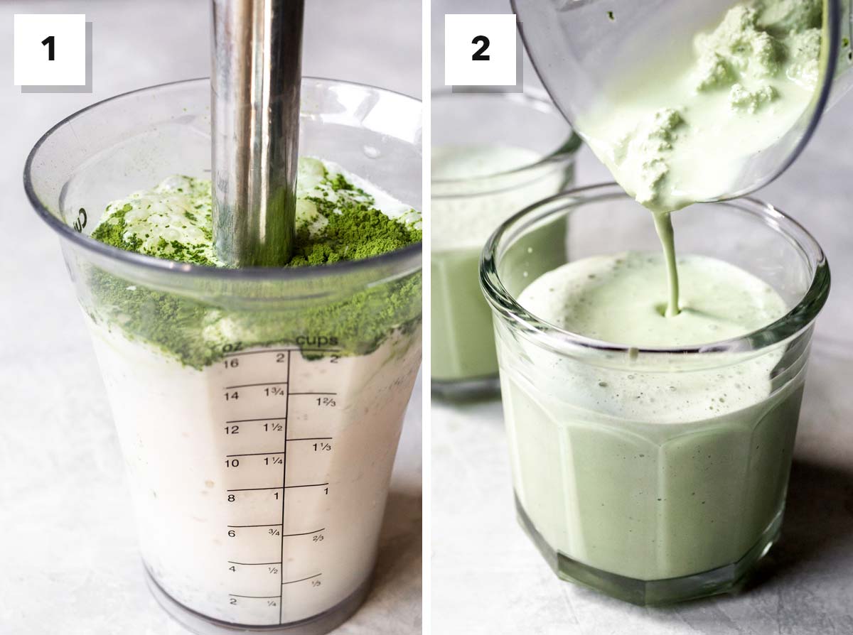Two photos showing steps to make matcha milkshake.