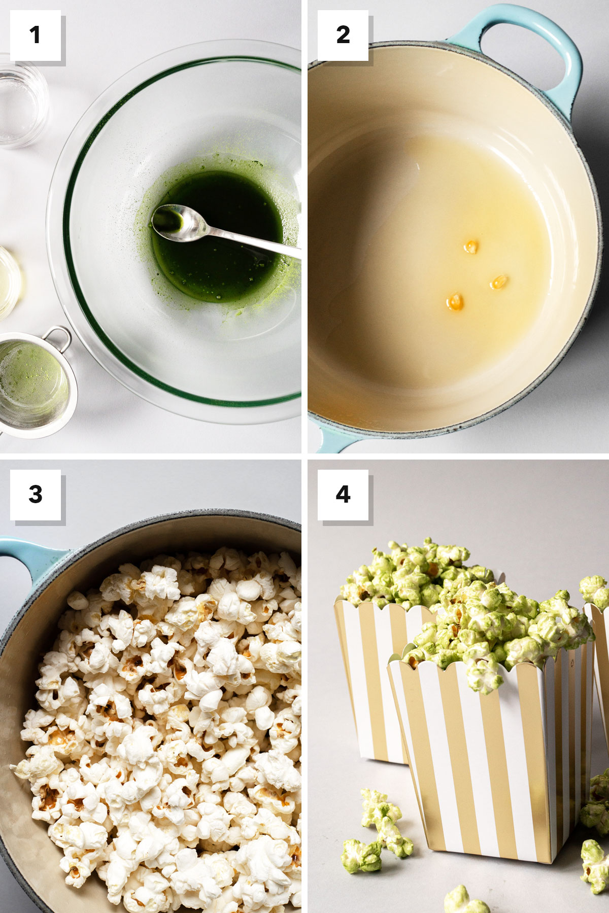 Four photo collage showing steps to make matcha popcorn on the stovetop.