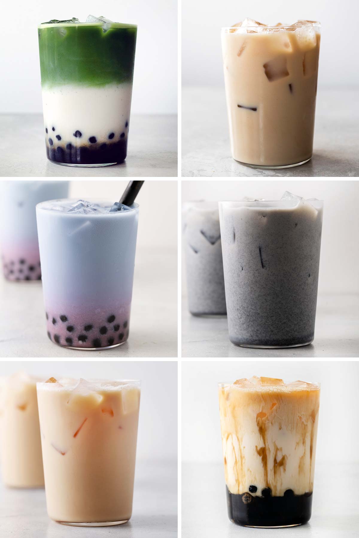 6 photos of milk tea drinks on a grid.