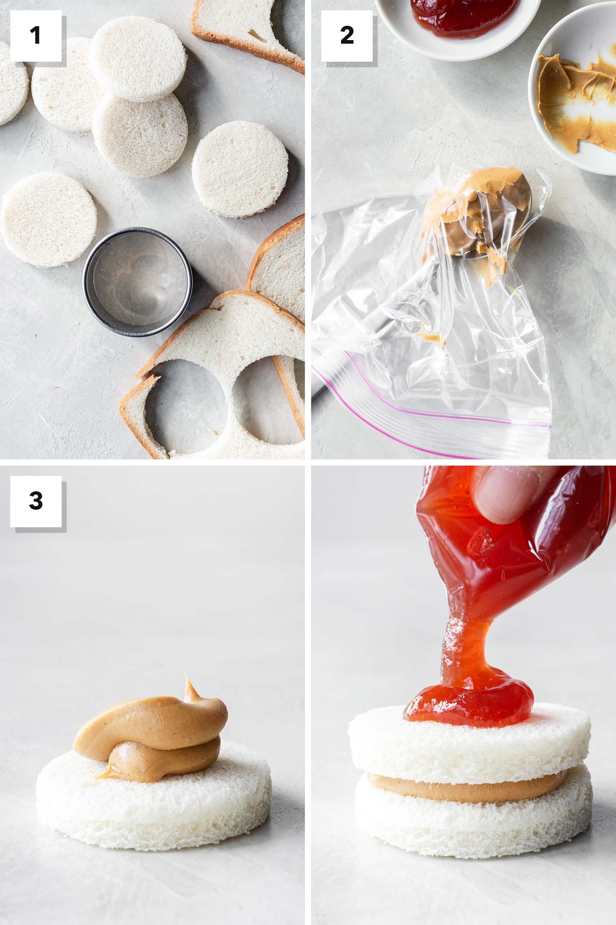 Four photo collage showing steps to make peanut butter and jelly tea sandwiches.