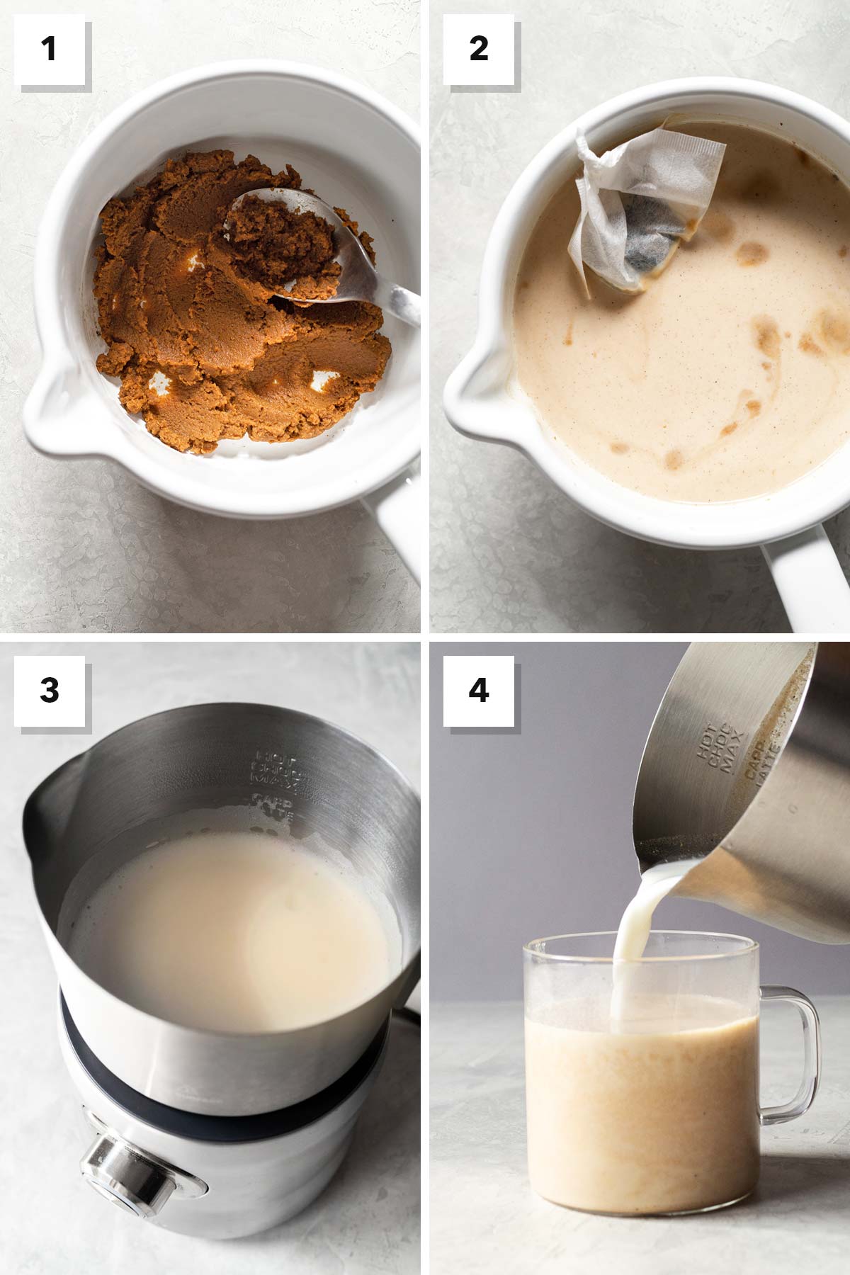 Four photo collage showing steps to make pumpkin spice chai latte.