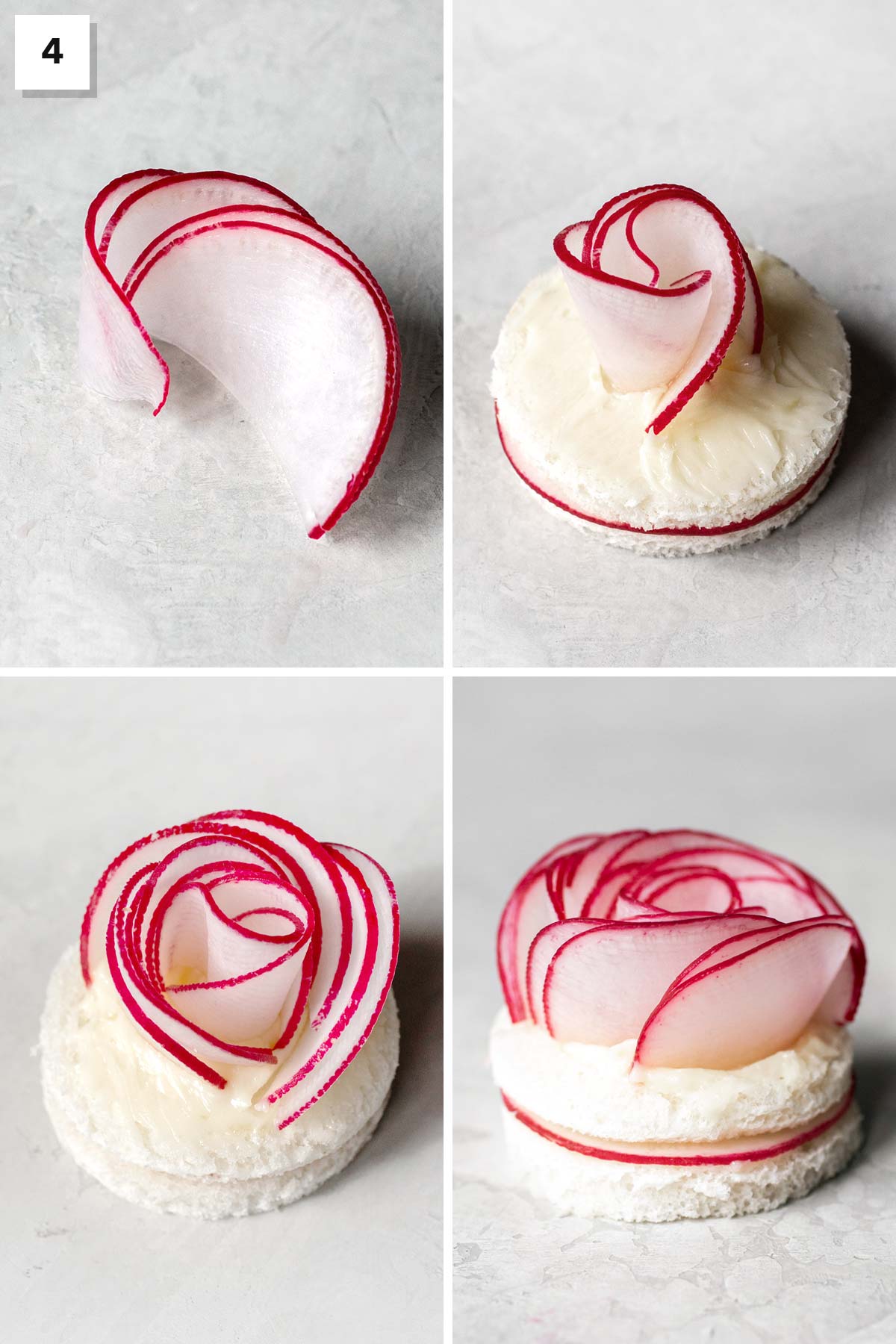 Four photo collage showing steps to make a radish rose tea sandwich.