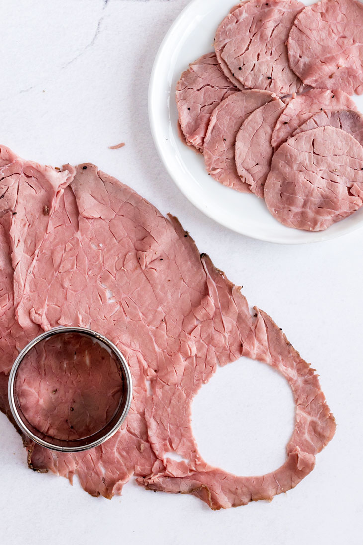 Roast beef slices cut into circles using a round cookie cutter
