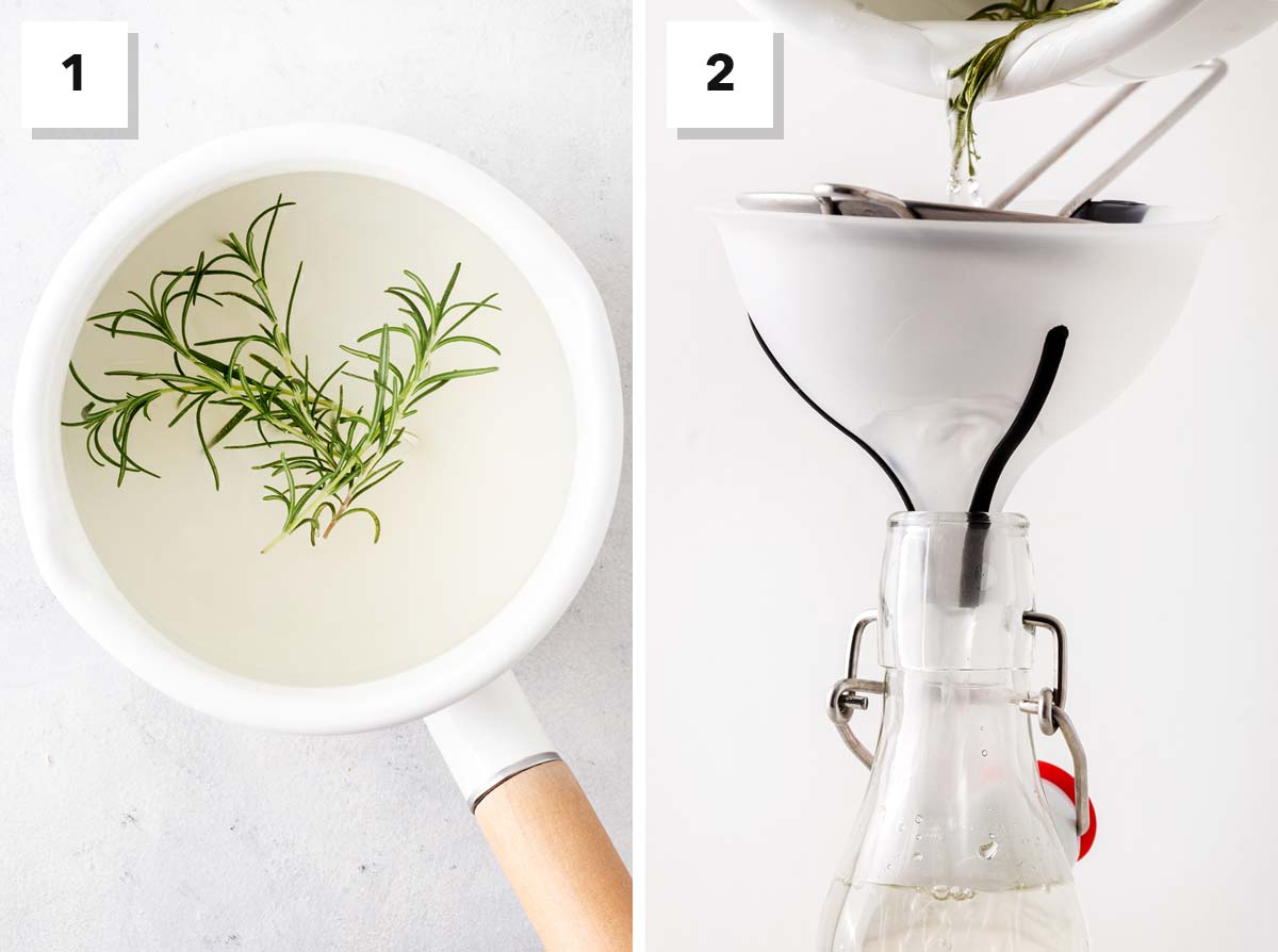 Simple Homemade Rosemary Syrup first two steps for how to make it.