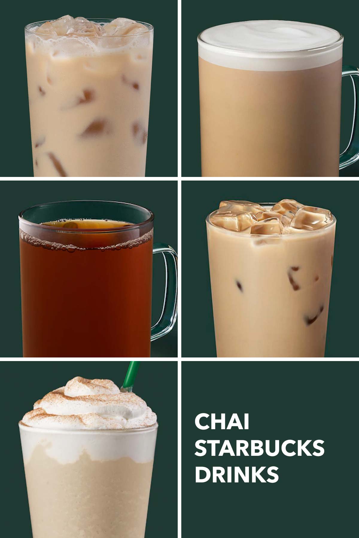 Six photo grid showing five Starbucks drinks with chai.