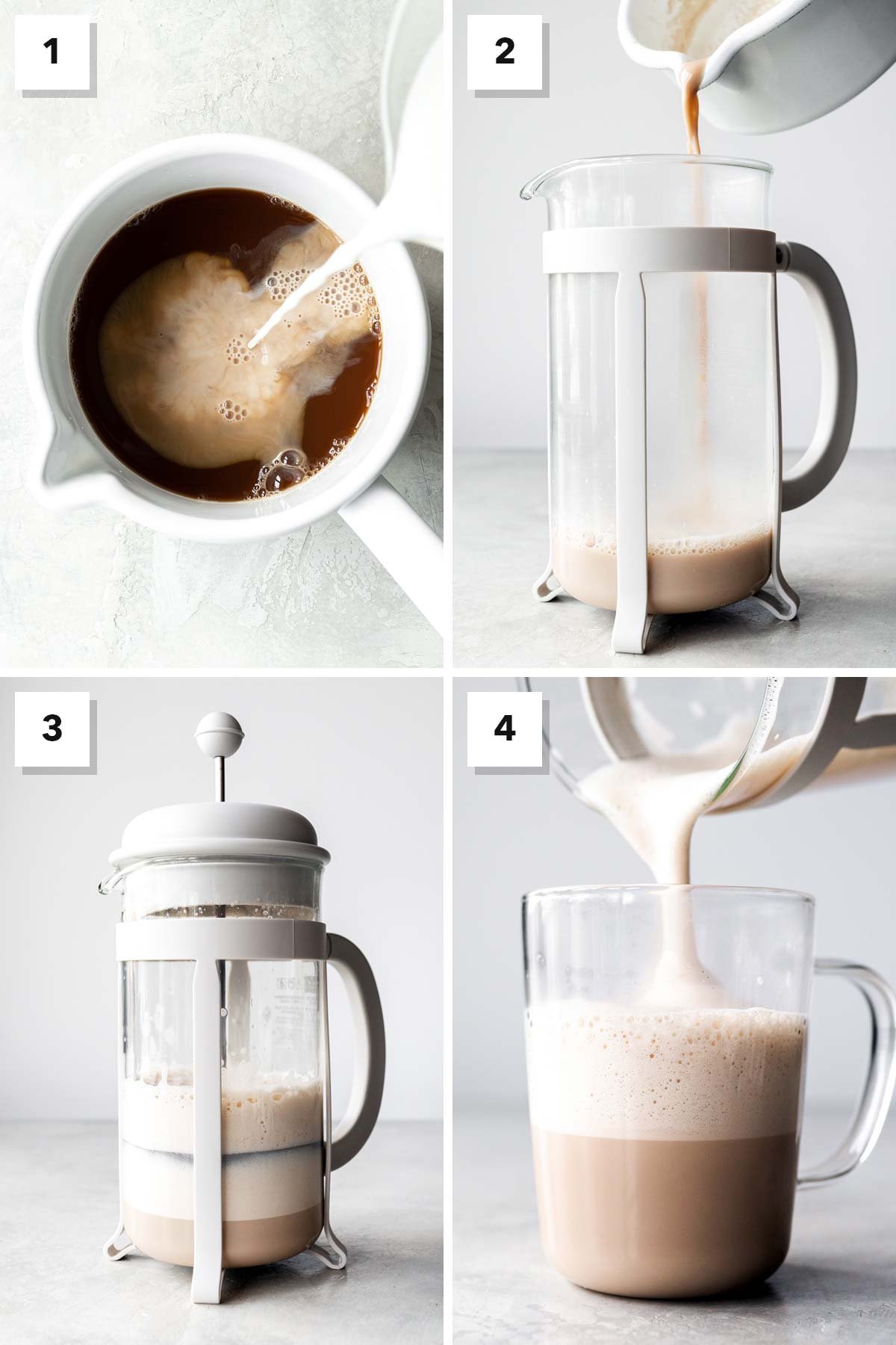 Four photo collage showing steps to make a chai latte.