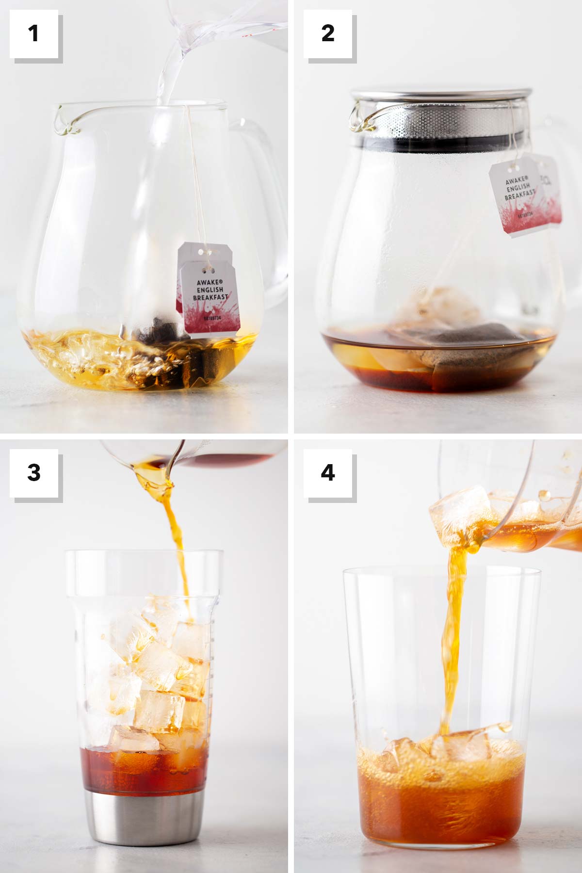 Four photo collage showing steps to make Iced Black Tea.