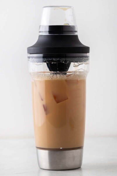 Iced English breakfast tea in a cocktail shaker. 
