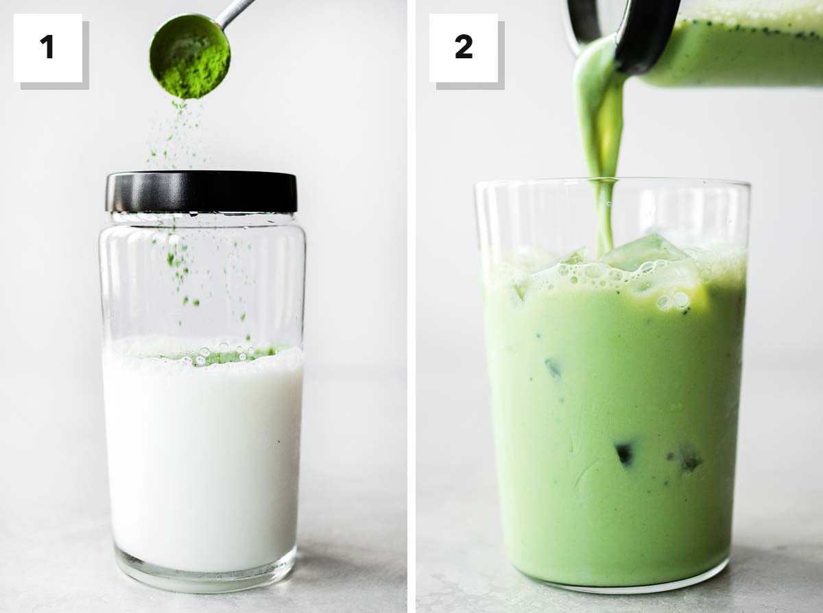 Two photo collage showing steps to make Iced Matcha Latte.