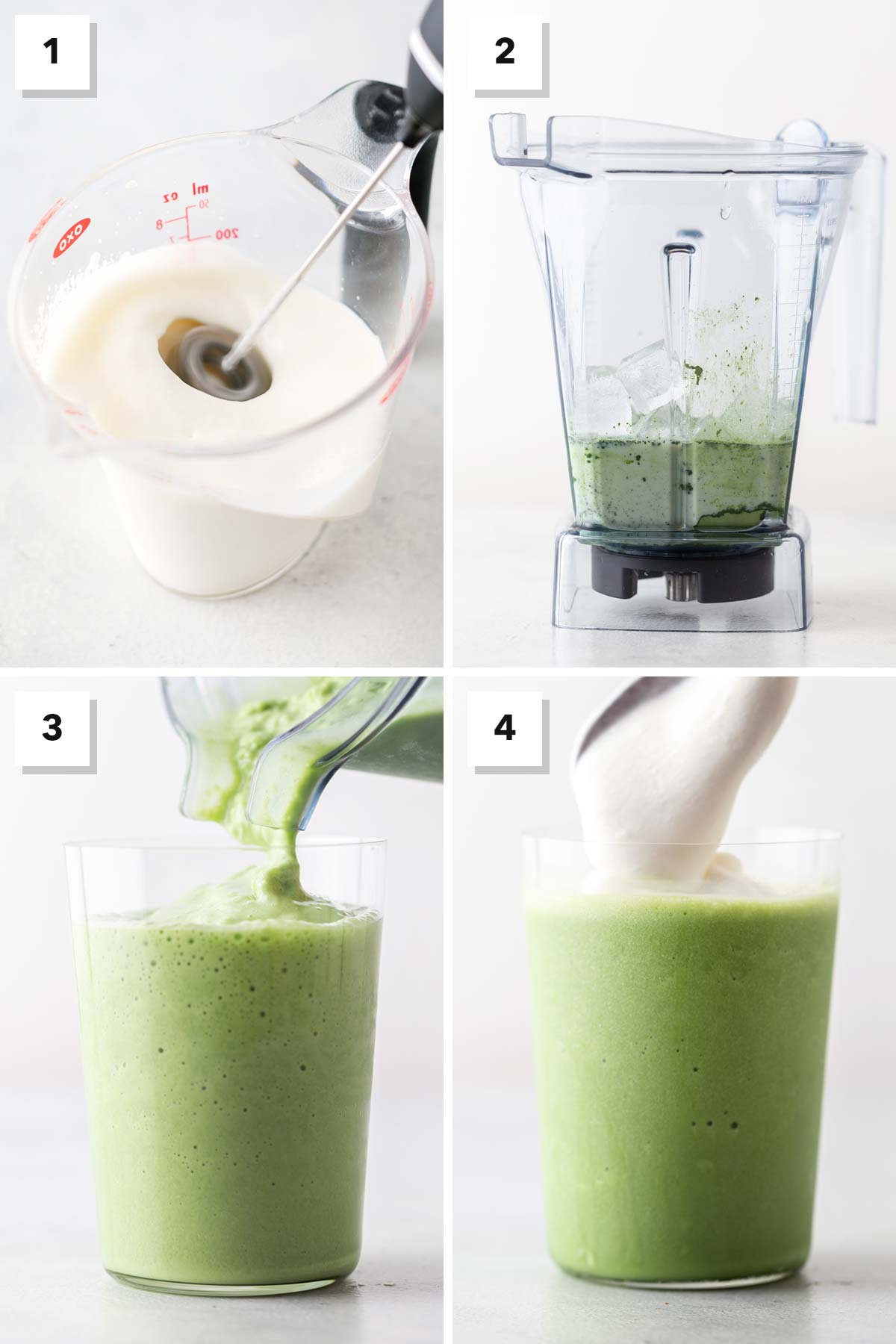 Four photo collage showing steps to make a matcha Frappuccino.