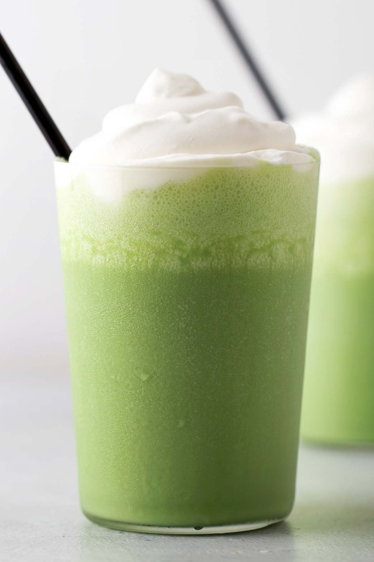 Copycat Starbucks Matcha Frappuccino in clear glass.