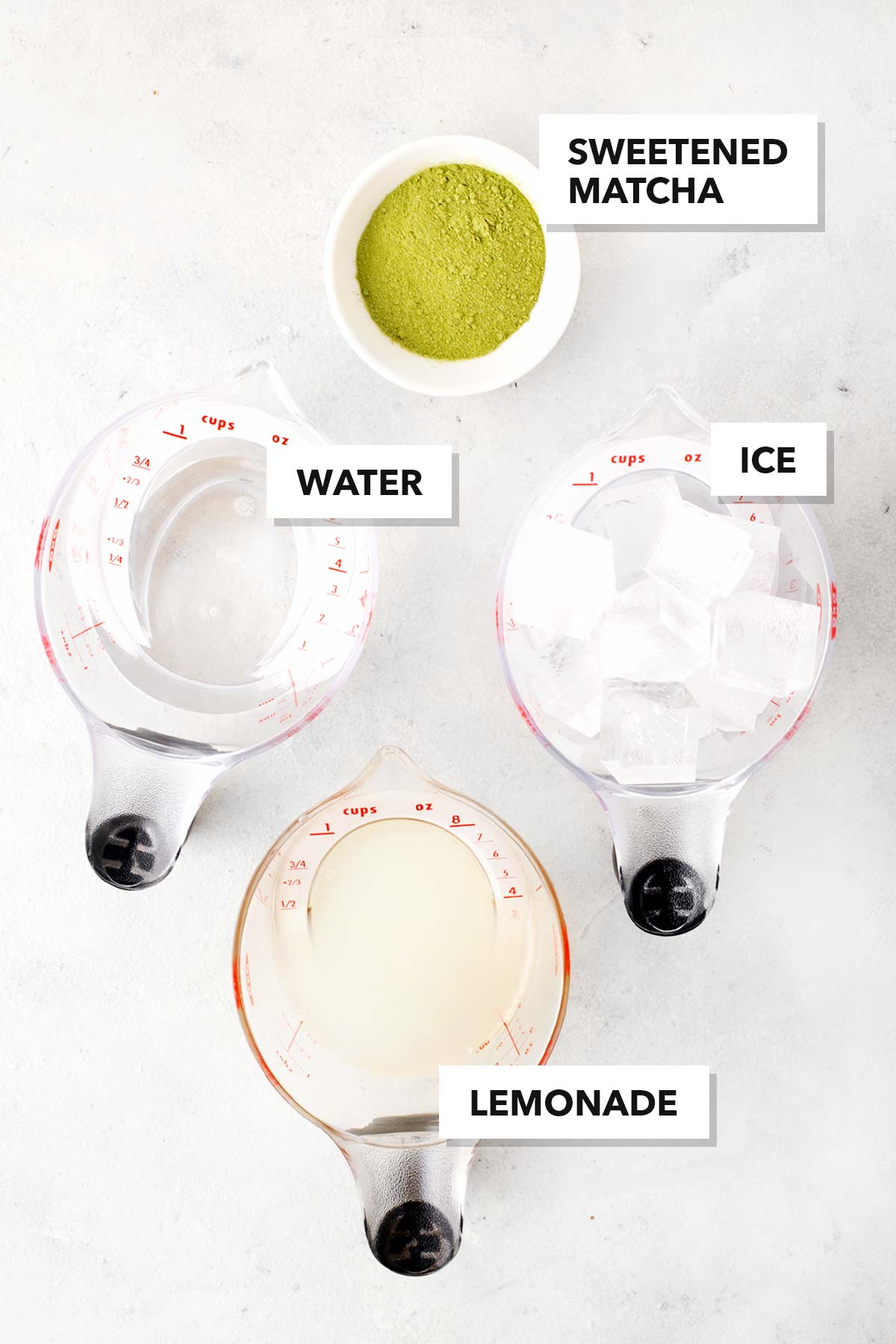 Starbucks Matcha Lemonade Copycat ingredients measured in cups and bowls.